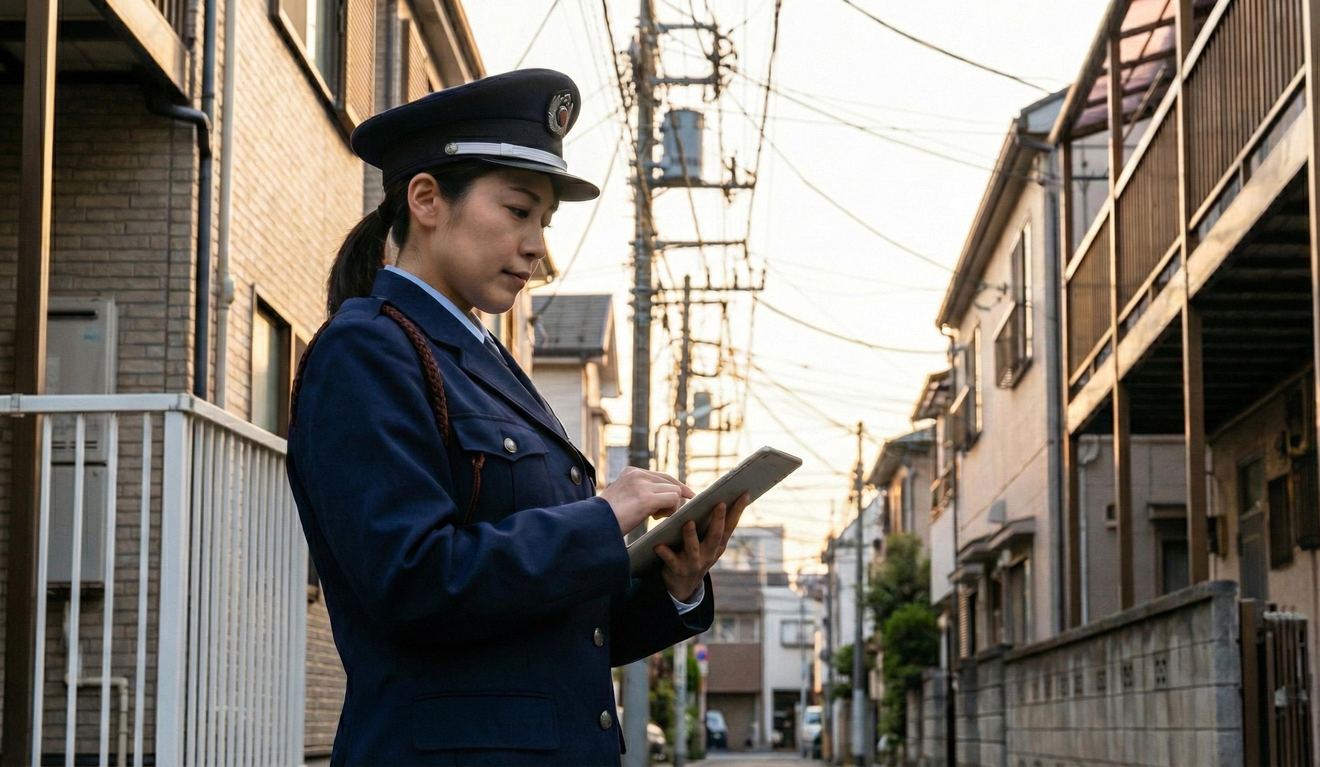 住宅街でタブレットを使って巡回記録を確認するスタッフのイメージ